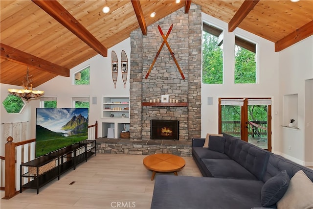 24586 Horst Dr, Crestline, CA 92325 - living room with high vaulted ceiling, a wooden ceiling with exposed beams, wood finished floors, a fireplace, and a chandelier