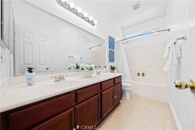 7265 Excelsior Dr, Eastvale, CA 92880 - full bathroom with double vanity, shower / bath combo, and tile patterned flooring