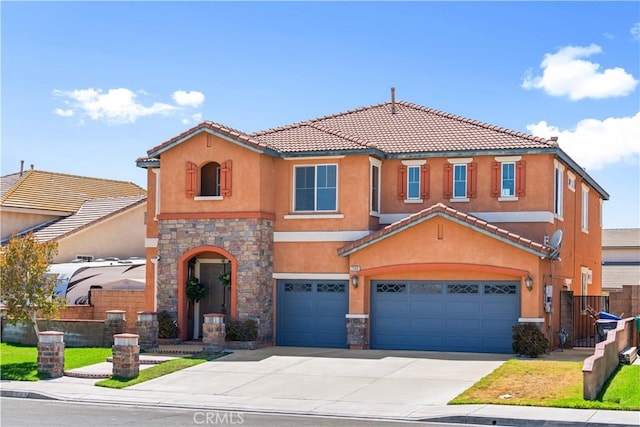 7265 Excelsior Dr, Eastvale, CA 92880 - view of front facade with an attached garage, stone siding, concrete driveway, and stucco siding