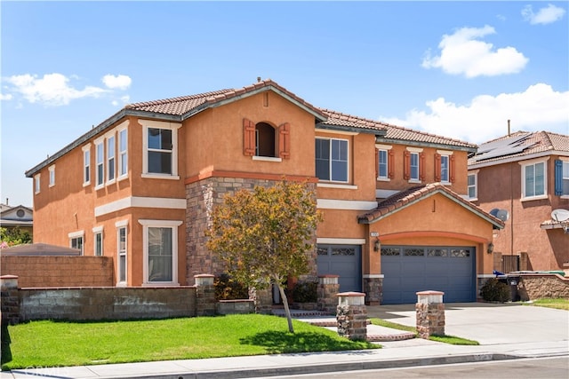 7265 Excelsior Dr, Eastvale, CA 92880 - view of front of property with stone siding, an attached garage, a tiled roof, and concrete driveway