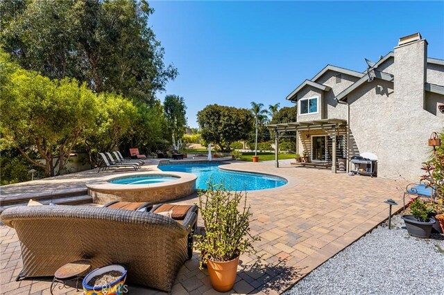 19180 Palm Vis, Yorba Linda, CA 92886 - outdoor pool featuring a pergola, an in-ground hot tub, a patio area, and grilling area