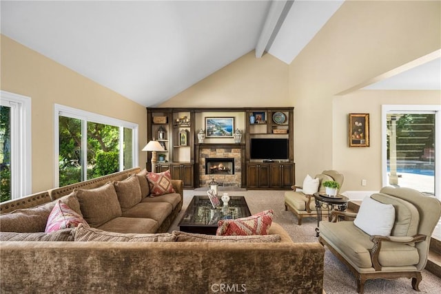 19180 Palm Vis, Yorba Linda, CA 92886 - carpeted living area featuring high vaulted ceiling, a fireplace, and beamed ceiling