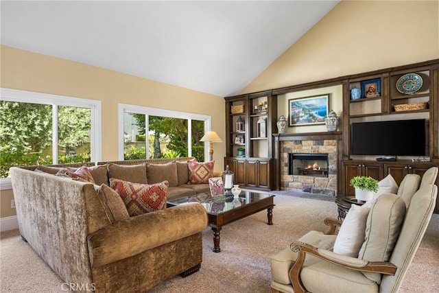 19180 Palm Vis, Yorba Linda, CA 92886 - living area with light carpet, high vaulted ceiling, and a fireplace