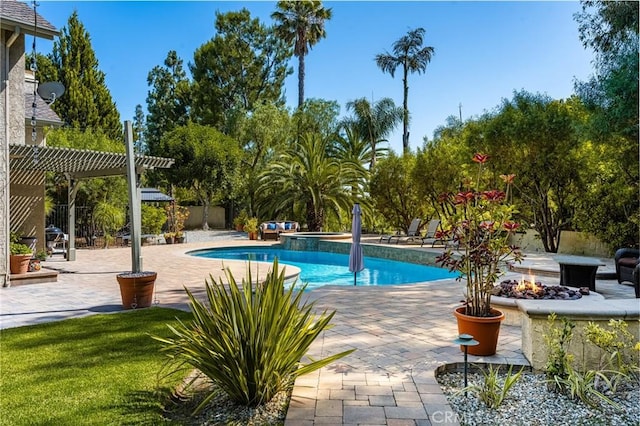 19180 Palm Vis, Yorba Linda, CA 92886 - outdoor pool featuring a fire pit, a pergola, and a patio
