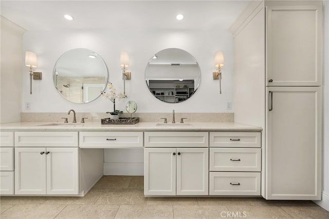 19180 Palm Vis, Yorba Linda, CA 92886 - full bathroom featuring double vanity, recessed lighting, a tile shower, and tile patterned floors