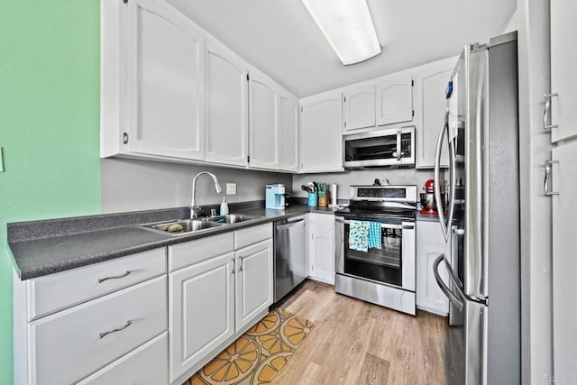 218 Holiday Way, Oceanside, CA 92057 - kitchen featuring stainless steel appliances, dark countertops, white cabinets, and light wood-style floors