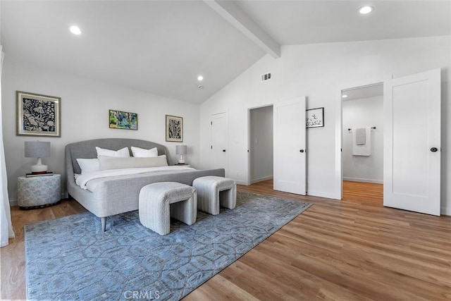 15016 Firmona Ave, Lawndale, CA 90260 - bedroom with beam ceiling, wood finished floors, recessed lighting, and high vaulted ceiling