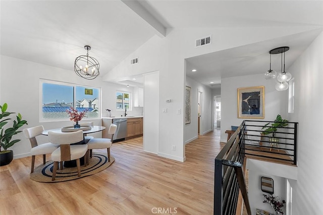 15016 Firmona Ave, Lawndale, CA 90260 - dining room with beamed ceiling, light wood-style flooring, a chandelier, and high vaulted ceiling