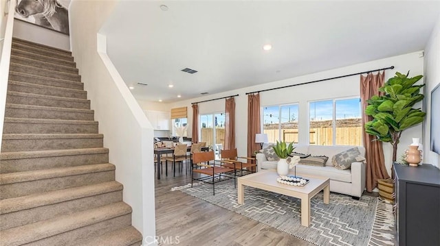 766 Pico Pl, Chico, CA 95928 - living room with light wood-type flooring, stairs, and recessed lighting