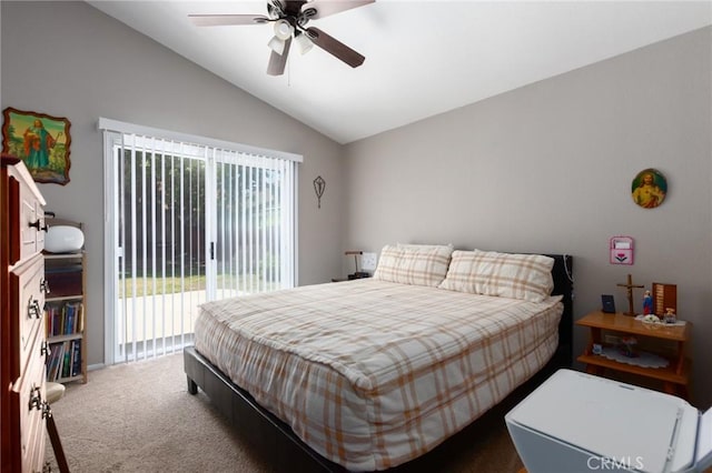 31858 Corte Priego, Temecula, CA 92592 - bedroom featuring lofted ceiling, carpet flooring, access to exterior, and a ceiling fan