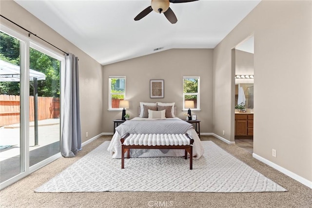 1619 Harvest Glen Dr, Chico, CA 95928 - bedroom featuring carpet, access to exterior, lofted ceiling, ensuite bathroom, and a ceiling fan