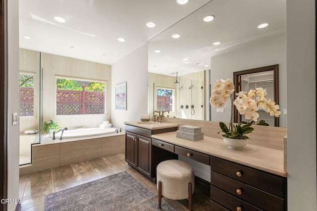 1897 Braemar Rd, Pasadena, CA 91103 - full bath with a bath, vanity, a shower with door, and recessed lighting