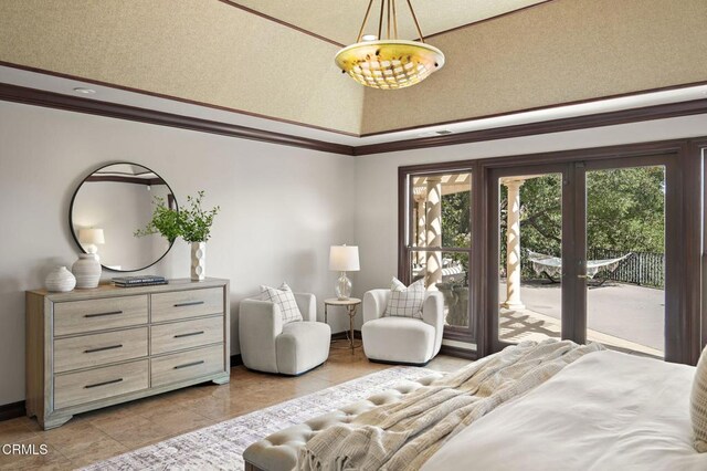 1897 Braemar Rd, Pasadena, CA 91103 - bedroom featuring ornamental molding, access to exterior, and light tile patterned floors