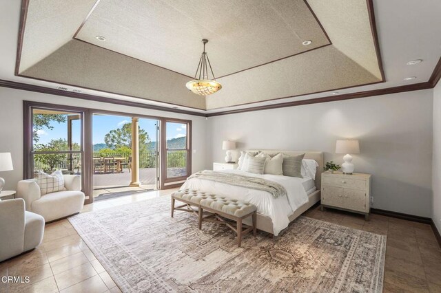 1897 Braemar Rd, Pasadena, CA 91103 - bedroom with a tray ceiling, crown molding, access to exterior, tile patterned flooring, and recessed lighting