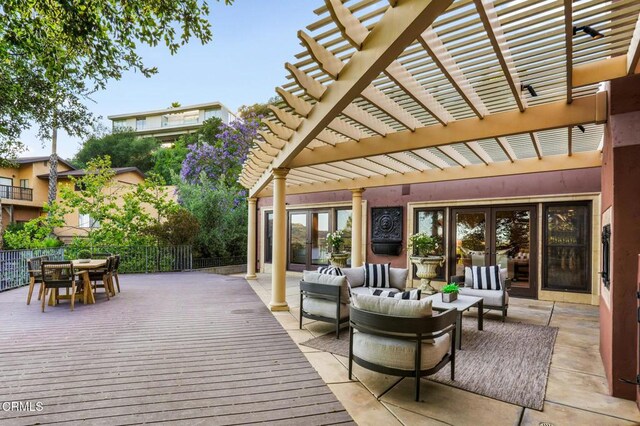 1897 Braemar Rd, Pasadena, CA 91103 - view of patio featuring french doors, outdoor lounge area, a pergola, a deck, and outdoor dining space