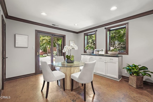 1897 Braemar Rd, Pasadena, CA 91103 - dining room featuring crown molding, recessed lighting, and finished concrete floors