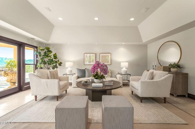 1897 Braemar Rd, Pasadena, CA 91103 - living room featuring recessed lighting, a tray ceiling, and light tile patterned flooring