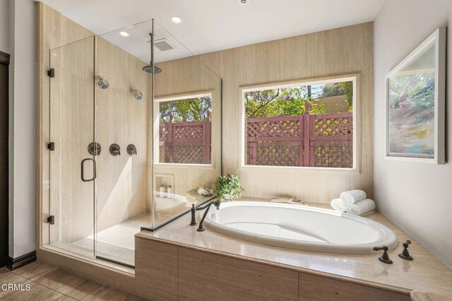 1897 Braemar Rd, Pasadena, CA 91103 - full bathroom with a stall shower, a garden tub, and recessed lighting