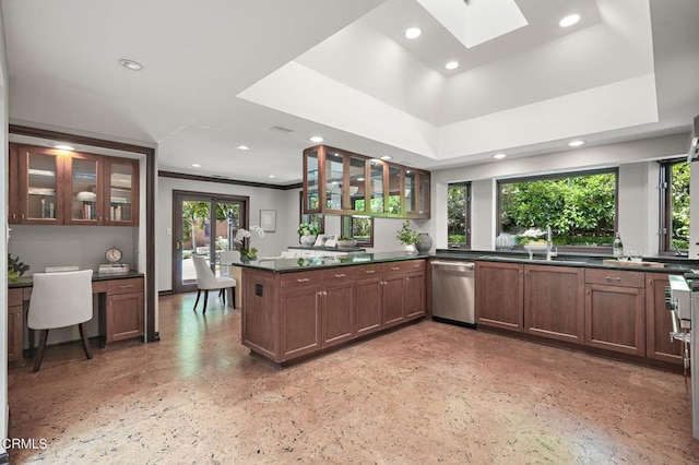 1897 Braemar Rd, Pasadena, CA 91103 - kitchen with dishwasher, dark countertops, a skylight, recessed lighting, and a peninsula