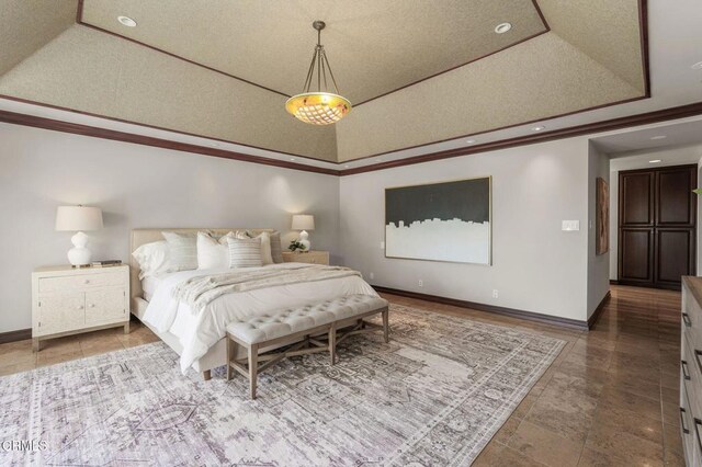 1897 Braemar Rd, Pasadena, CA 91103 - bedroom featuring a tray ceiling, crown molding, vaulted ceiling, and recessed lighting