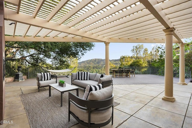 1897 Braemar Rd, Pasadena, CA 91103 - view of patio / terrace featuring outdoor lounge area, a mountain view, outdoor dining area, and a pergola