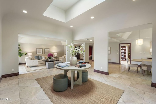 1897 Braemar Rd, Pasadena, CA 91103 - living room featuring recessed lighting, light tile patterned flooring, and a towering ceiling