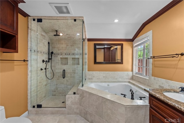 15711 Hiawatha St, Granada Hills, CA 91344 - full bath with a shower stall, a tub with jets, vanity, ornamental molding, and vaulted ceiling