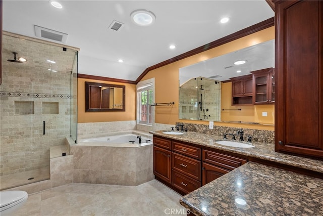 15711 Hiawatha St, Granada Hills, CA 91344 - bathroom with ornamental molding, a stall shower, a bath, double vanity, and tile patterned floors