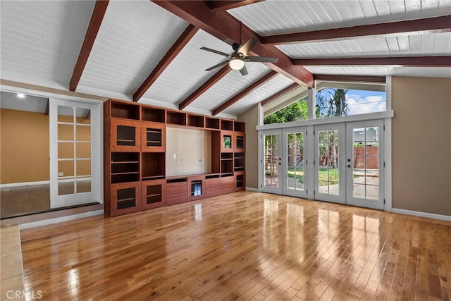 15711 Hiawatha St, Granada Hills, CA 91344 - unfurnished living room featuring french doors, high vaulted ceiling, wood-type flooring, ceiling fan, and beam ceiling