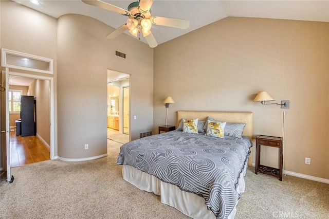 17 Siena, Laguna Niguel, CA 92677 - bedroom with carpet flooring, high vaulted ceiling, connected bathroom, and a ceiling fan