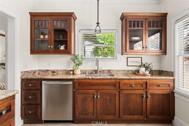 375 E 1st Ave, Chico, CA 95926 - bar area featuring stainless steel dishwasher, decorative light fixtures, plenty of natural light, and ornamental molding