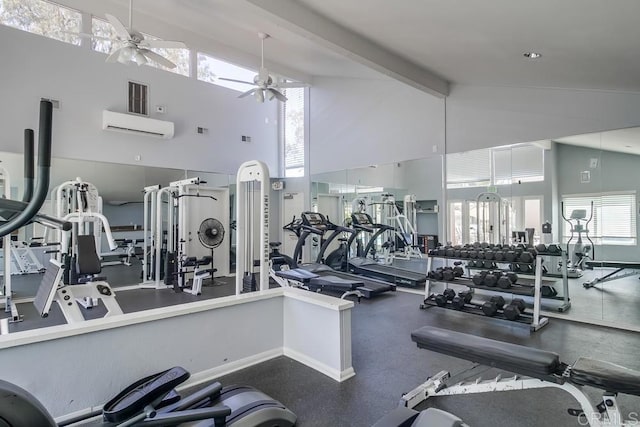 3454 Castle Glen Dr Unit 115, San Diego, CA 92123 - gym featuring ceiling fan, high vaulted ceiling, beamed ceiling, and a wall unit AC