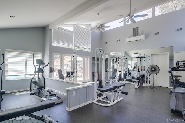 3454 Castle Glen Dr Unit 115, San Diego, CA 92123 - workout area featuring high vaulted ceiling, a ceiling fan, a wall mounted AC, and beam ceiling