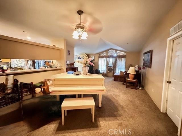 6475 105th St W, Rosamond, CA 93560 - carpeted dining area with lofted ceiling and a ceiling fan