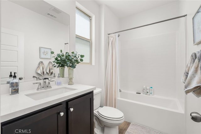 5756 Quicksilver Way, Banning, CA 92220 - full bathroom with vanity, shower / bath combo with shower curtain, and wood finished floors