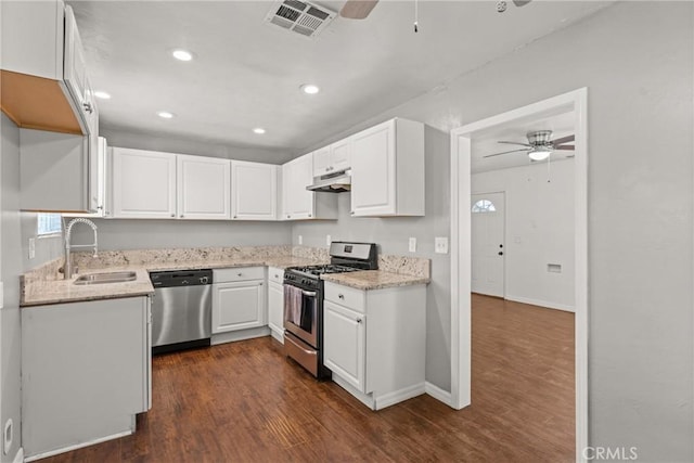 5609 Beach St, Jurupa Valley, CA 92509 - kitchen featuring appliances with stainless steel finishes, a ceiling fan, white cabinetry, and recessed lighting