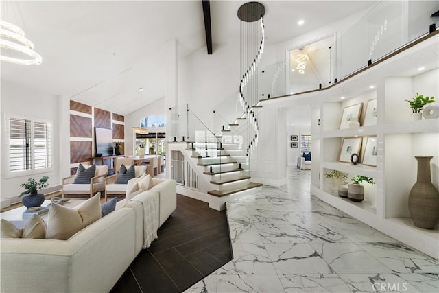 1213 Via Visalia, San Clemente, CA 92672 - living room featuring marble finish flooring, stairs, high vaulted ceiling, beamed ceiling, and recessed lighting