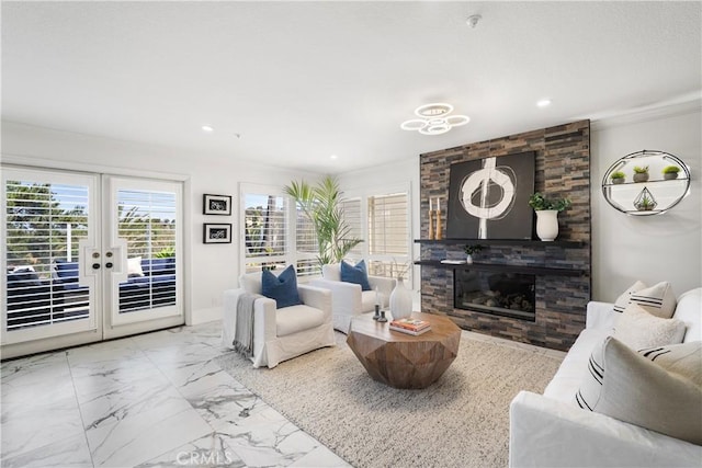 1213 Via Visalia, San Clemente, CA 92672 - living area featuring ornamental molding, a large fireplace, marble finish floors, and recessed lighting