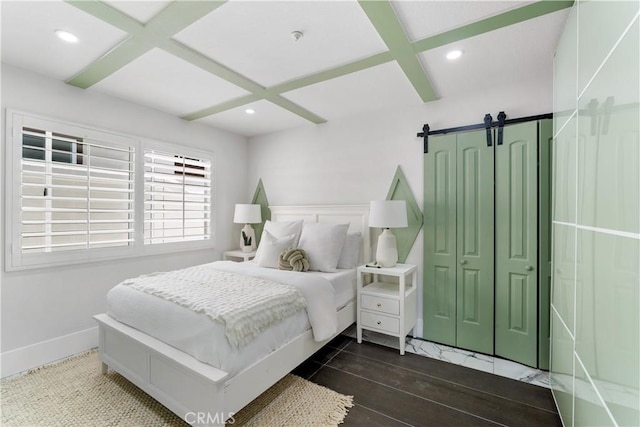 1213 Via Visalia, San Clemente, CA 92672 - bedroom featuring a barn door, recessed lighting, coffered ceiling, beamed ceiling, and wood finished floors
