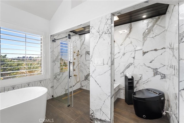 1213 Via Visalia, San Clemente, CA 92672 - full bath with tile walls, a freestanding tub, a marble finish shower, and vaulted ceiling