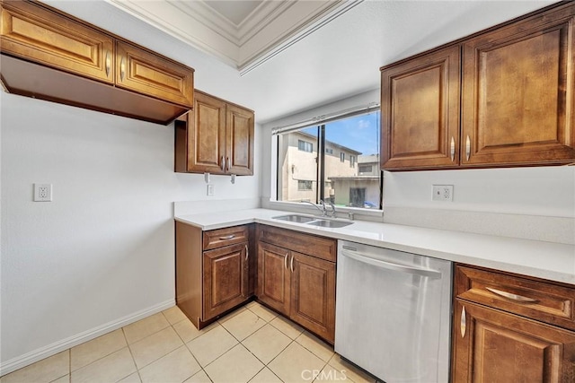 208 N Nicholson Ave Unit B, Monterey Park, CA 91755 - kitchen featuring stainless steel dishwasher, ornamental molding, light countertops, brown cabinetry, and light tile patterned flooring