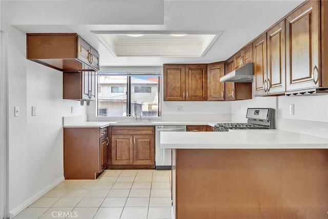 208 N Nicholson Ave Unit B, Monterey Park, CA 91755 - kitchen with gas stove, dishwasher, exhaust hood, a tray ceiling, and a peninsula