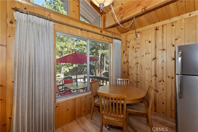 33469 Squirrel Dr, Green Valley Lake, CA 92341 - dining room featuring wood finished floors, wooden walls, and wood ceiling
