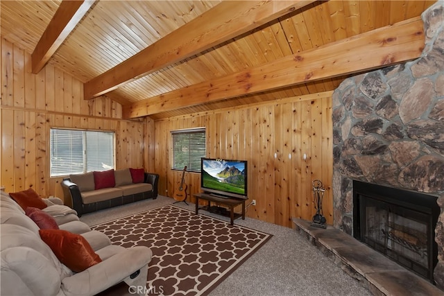 33469 Squirrel Dr, Green Valley Lake, CA 92341 - carpeted living room featuring wood ceiling, wooden walls, and a fireplace