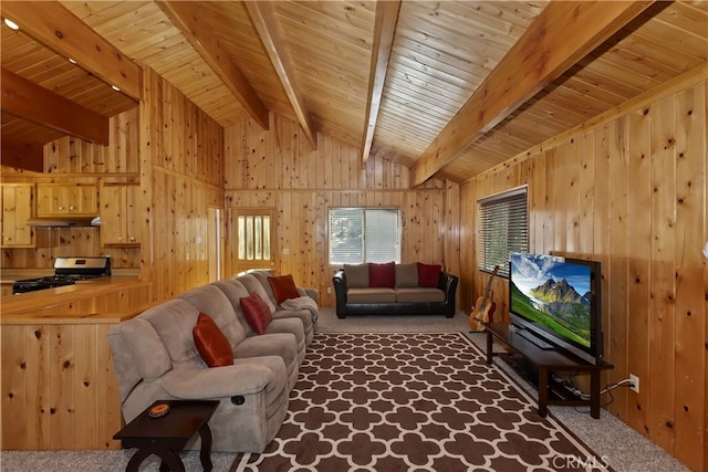 33469 Squirrel Dr, Green Valley Lake, CA 92341 - living room with carpet flooring, wooden walls, and wood ceiling