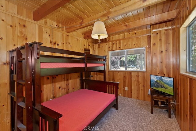 33469 Squirrel Dr, Green Valley Lake, CA 92341 - carpeted bedroom with a wooden ceiling with exposed beams and wood walls