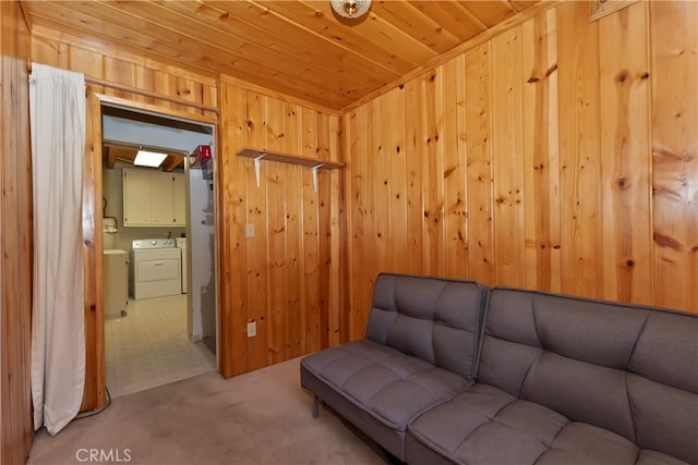 33469 Squirrel Dr, Green Valley Lake, CA 92341 - sitting room featuring wood ceiling, wood walls, and carpet