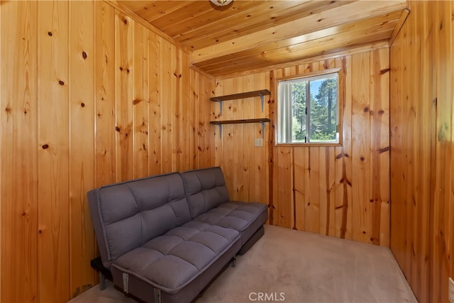 33469 Squirrel Dr, Green Valley Lake, CA 92341 - sitting room with wood ceiling, wooden walls, and carpet floors