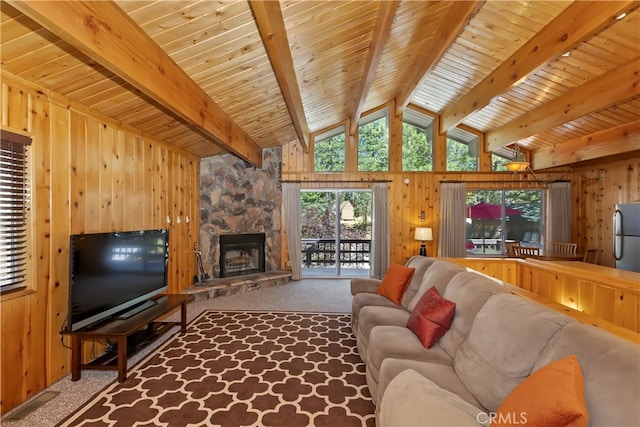 33469 Squirrel Dr, Green Valley Lake, CA 92341 - living room with carpet flooring, wood walls, a fireplace, and wood ceiling