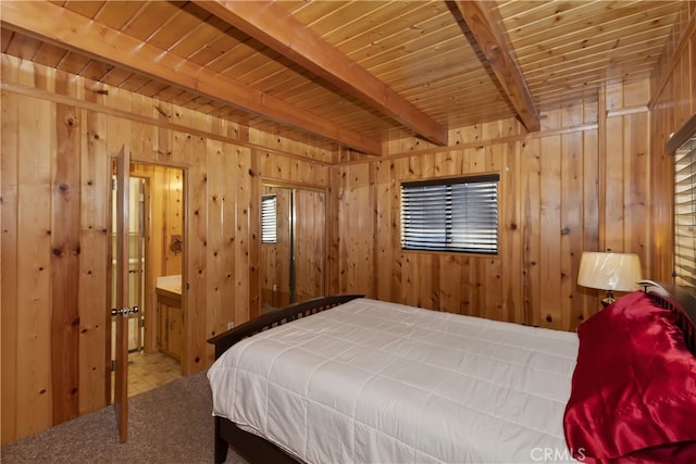33469 Squirrel Dr, Green Valley Lake, CA 92341 - bedroom featuring wooden walls and a wooden ceiling with exposed beams